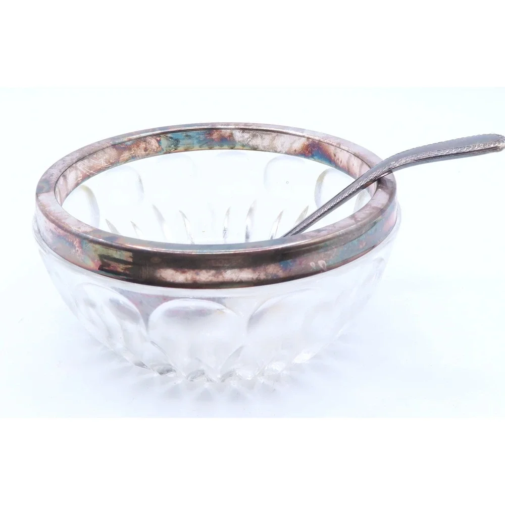 William Adams Lead Crystal Jam Bowl Silver Plated Rim and Spoon West Germany MCM